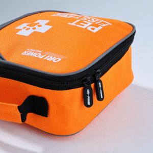 The image features a pet first aid bag in orange and black, highlighting its importance for pet health and safety.