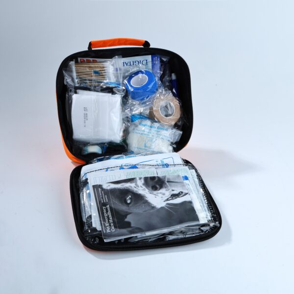 An orange and black bag for pet first aid, emphasizing its role in providing emergency care for animals.
