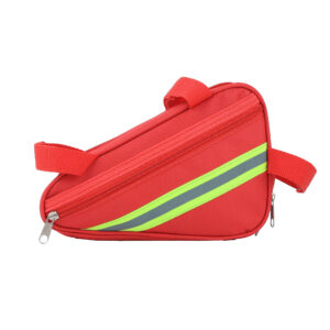 A red bike bag featuring a prominent yellow stripe, designed for style and functionality.