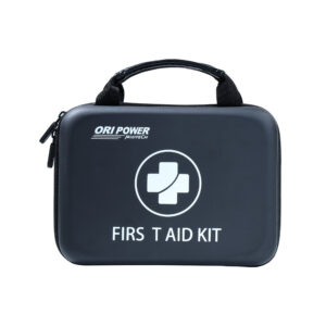 A power first aid kit displayed on a white background, featuring essential medical supplies for emergencies.